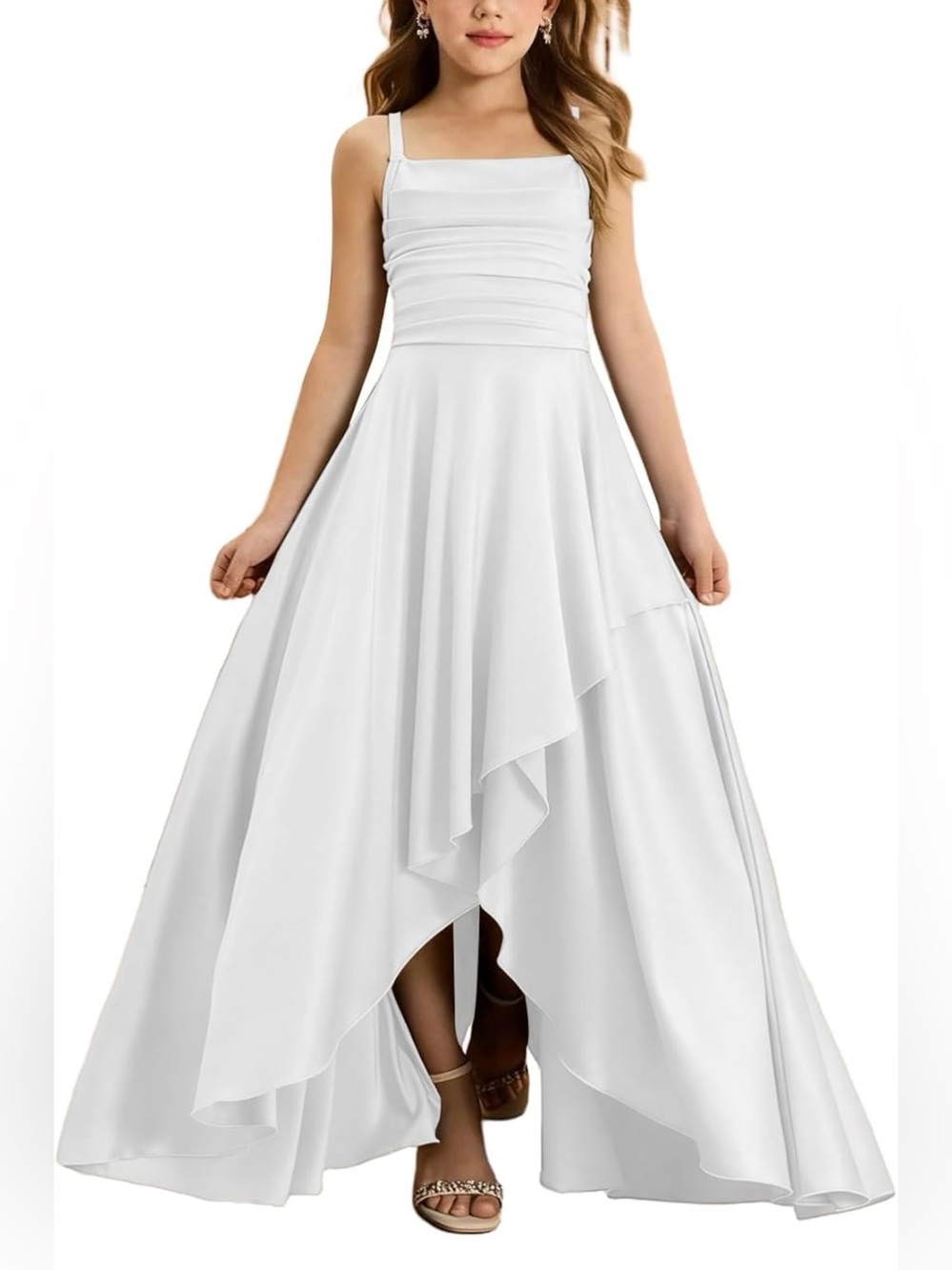 Girls' White High-Low Ruffled Hem Dress (adjustable straps)